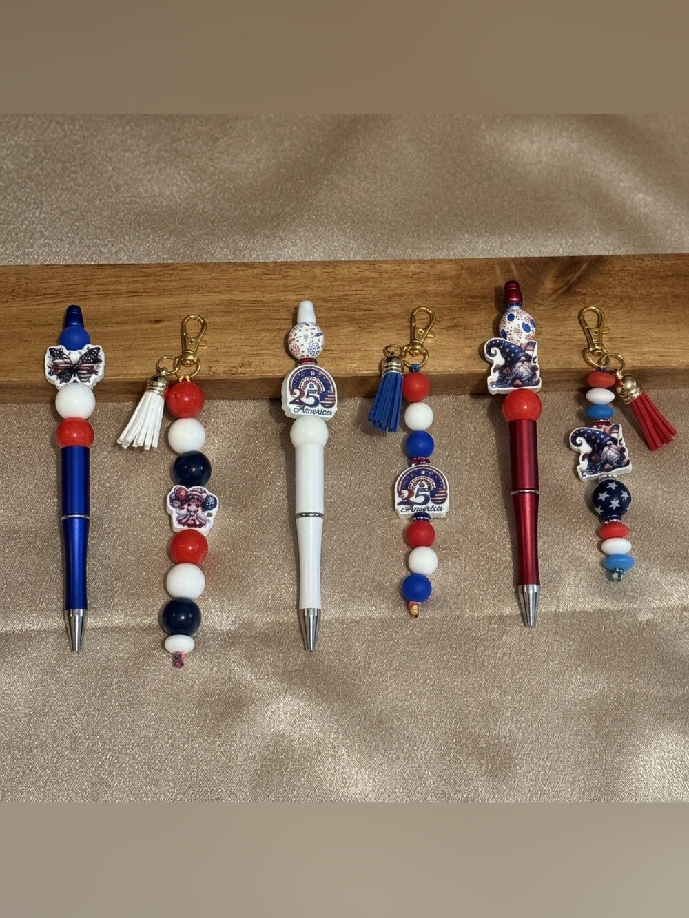 Patriotic 4th of July Beaded Pen Keychain Wristlet Set USA Gnome Gift BTJ